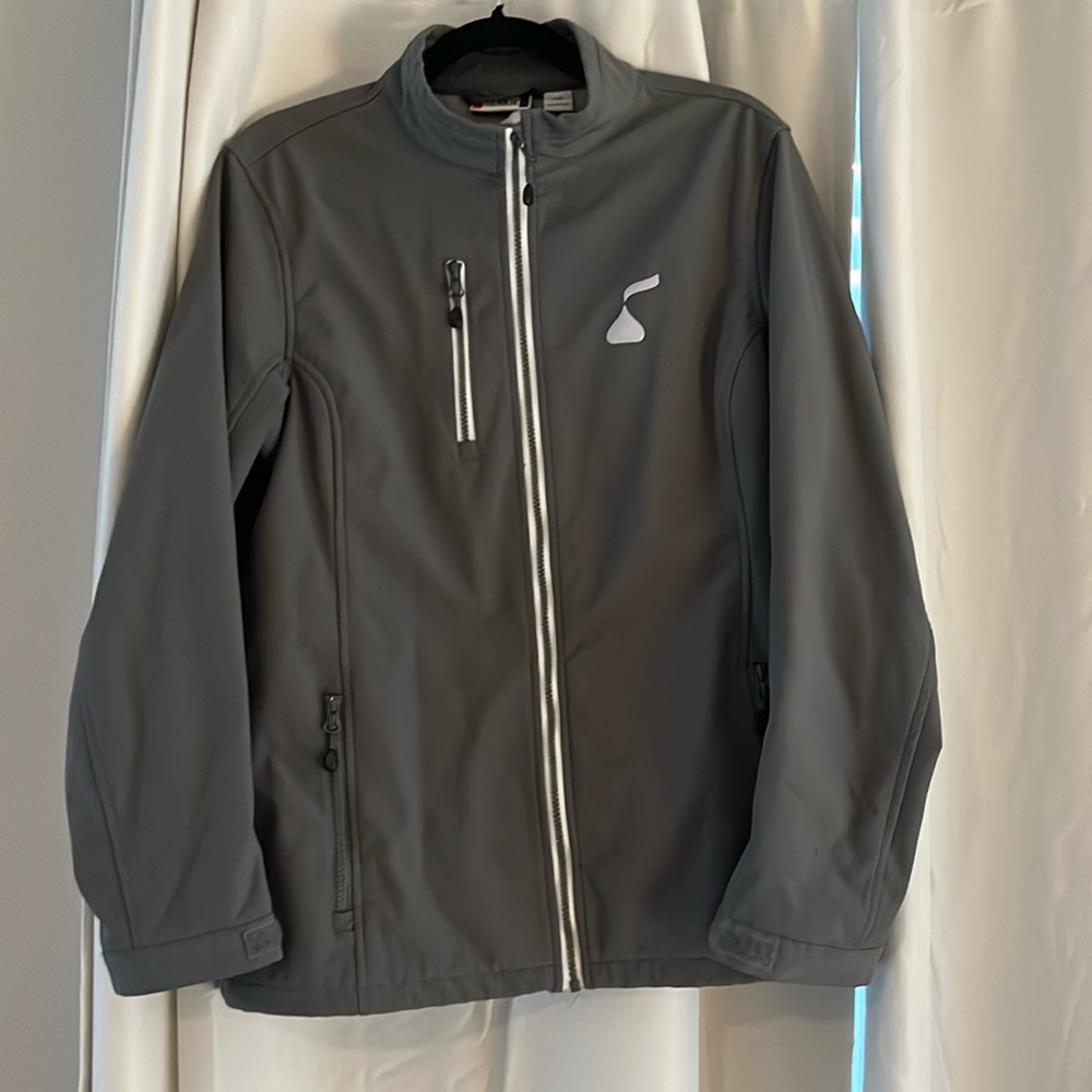 Dark Grey jacket. Hershey kiss logo. Size large.